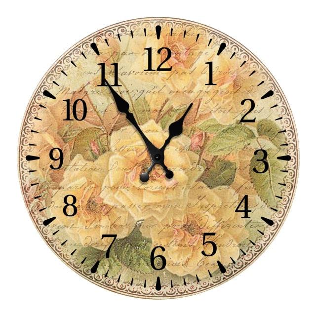 Wooden 10 inch wall clock with vintage floral dial, silent non ticking quartz, battery operated on Tampa Home & Garden Store