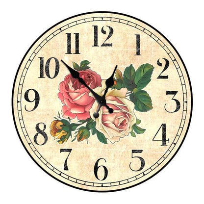 Wooden wall clock 10 inch Stevvex with vintage roses on cream backdrop, silent quartz on Tampa Home & Garden Store