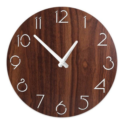 Stevvex wooden wall clock, round 10 inch, wood grain, white numerals and hands, silent quartz on Tampa Home & Garden Store