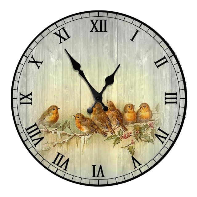 Wooden 10 inch wall clock with weathered look, Roman numerals and birds motif; silent quartz on Tampa Home & Garden Store
