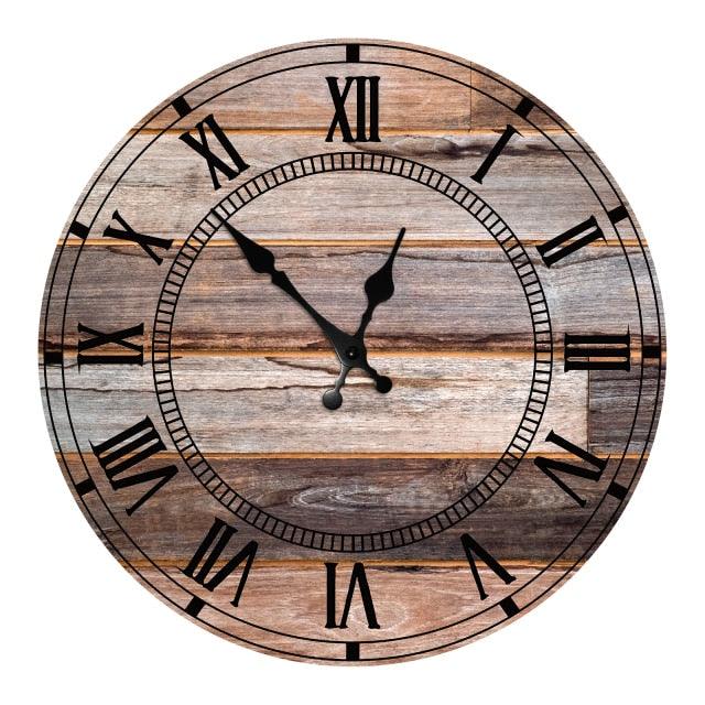 Wooden round wall clock, rustic plank design, 10 inch, Stevvex quartz, Roman numerals on Tampa Home & Garden Store