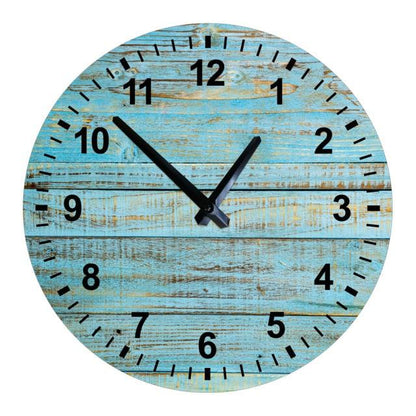 Stevvex wooden wall clock 10 inch round blue distressed wood with black numerals and quartz on Tampa Home & Garden Store