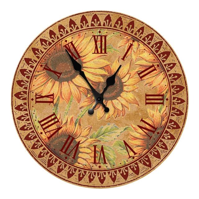 Wooden 10 inch wall clock with sunflower art, silent quartz movement Stevvex on Tampa Home & Garden Store