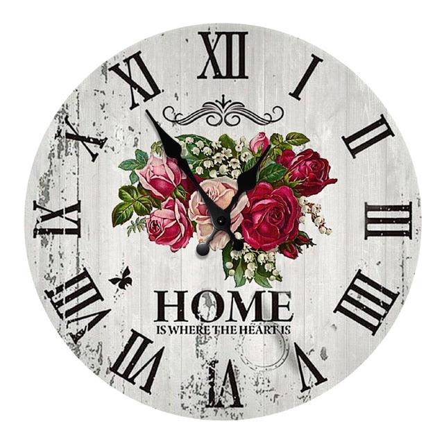 Wooden round wall clock, 10 inch, white background, black Roman numerals, pink rose bouquet on Tampa Home & Garden Store