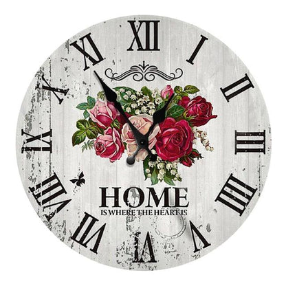 Wooden round wall clock, 10 inch, white background, black Roman numerals, pink rose bouquet on Tampa Home & Garden Store