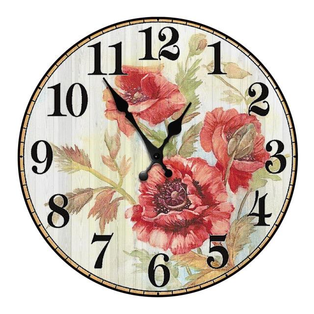 Wooden wall clock, 10 inch, silent non-ticking quartz, rustic floral red poppy design on Tampa Home & Garden Store