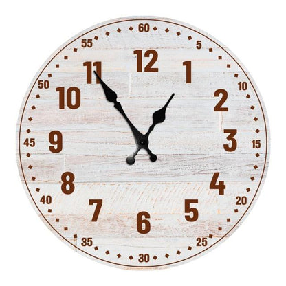 Wooden wall clock 10 in round by Stevvex, rustic whitewashed wood, brown numerals on Tampa Home & Garden Store