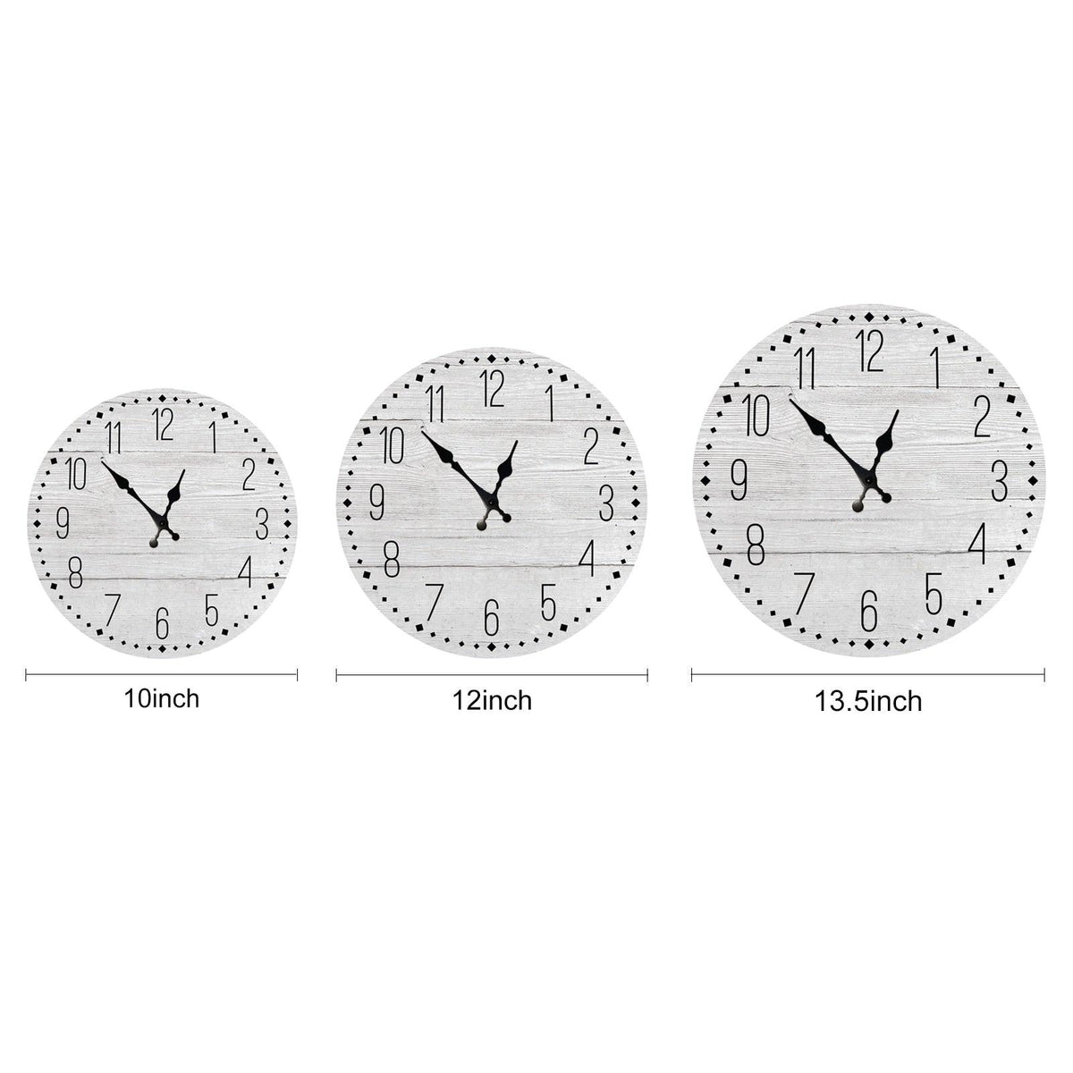 Stevvex wooden wall clocks set: 10,12,13.5in whitewashed rustic with black numerals silent quartz on Tampa Home & Garden Store