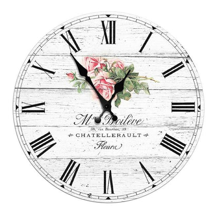 Round wooden wall clock with distressed white finish, Roman numerals and pink rose center quartz on Tampa Home & Garden Store