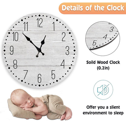Stevvex wooden wall clock 10 inch, silent non ticking quartz, rustic whitewashed finish on Tampa Home & Garden Store