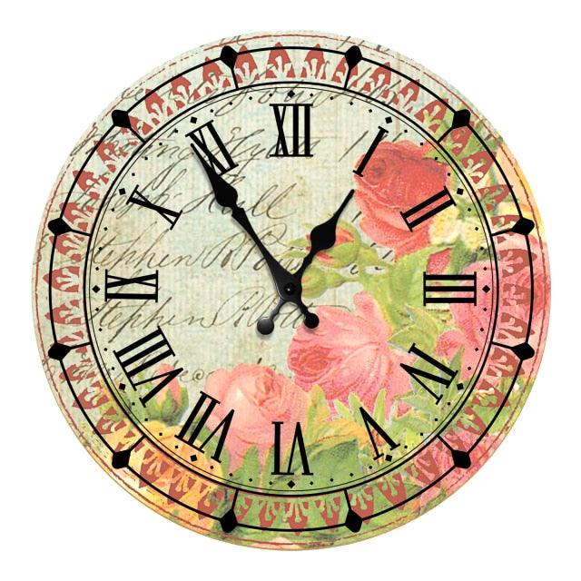 Wooden wall clock 10 inch with vintage floral design, Roman numerals, silent quartz movement on Tampa Home & Garden Store