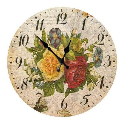 Wooden wall clock 10 inch round with floral bouquet design, vintage rustic style by Stevvex on Tampa Home & Garden Store
