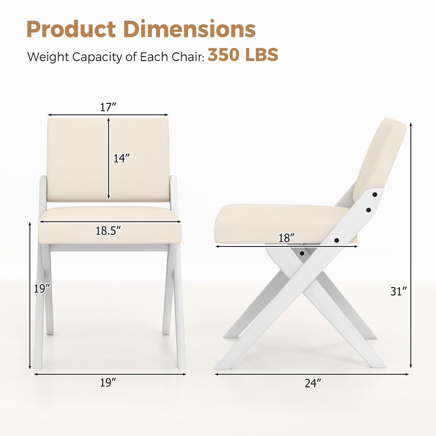 Wooden Dining Chairs of 2 with Rubber Wood Frame and Padded Cushions-White