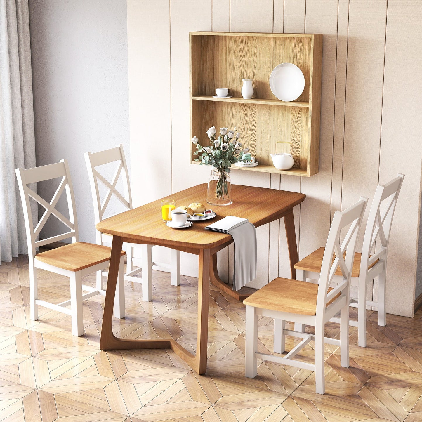 Juego de 2 sillas de comedor de madera con respaldo alto y estructura de madera de caucho-Natural