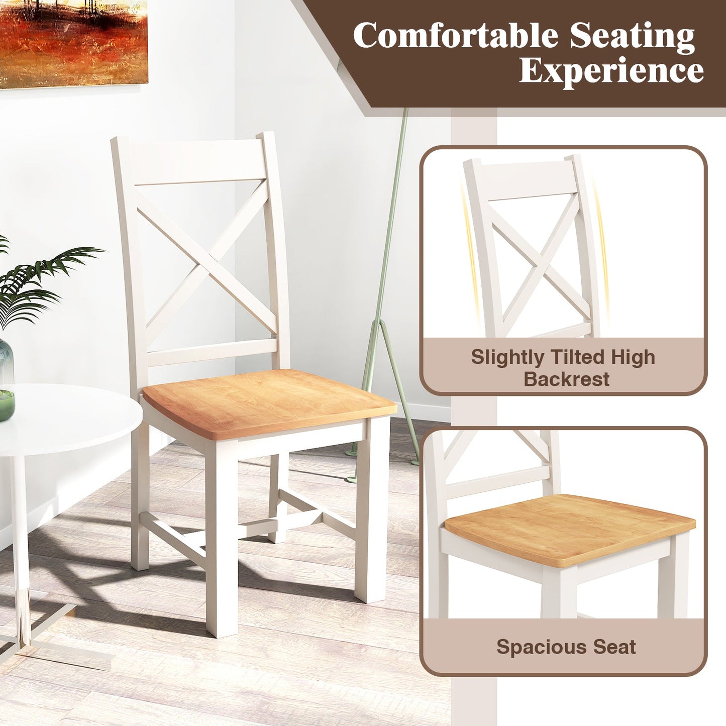 Juego de 2 sillas de comedor de madera con respaldo alto y estructura de madera de caucho-Natural