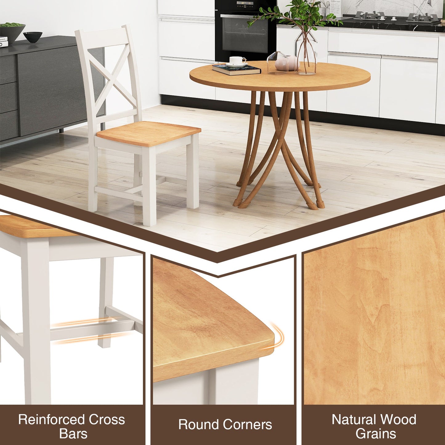 Juego de 2 sillas de comedor de madera con respaldo alto y estructura de madera de caucho-Natural