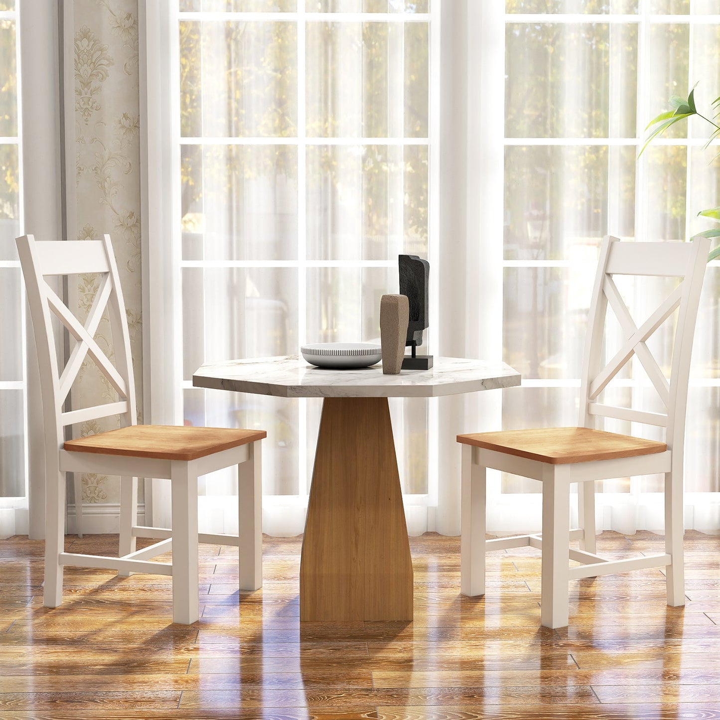 Juego de 2 sillas de comedor de madera con respaldo alto y estructura de madera de caucho-Natural