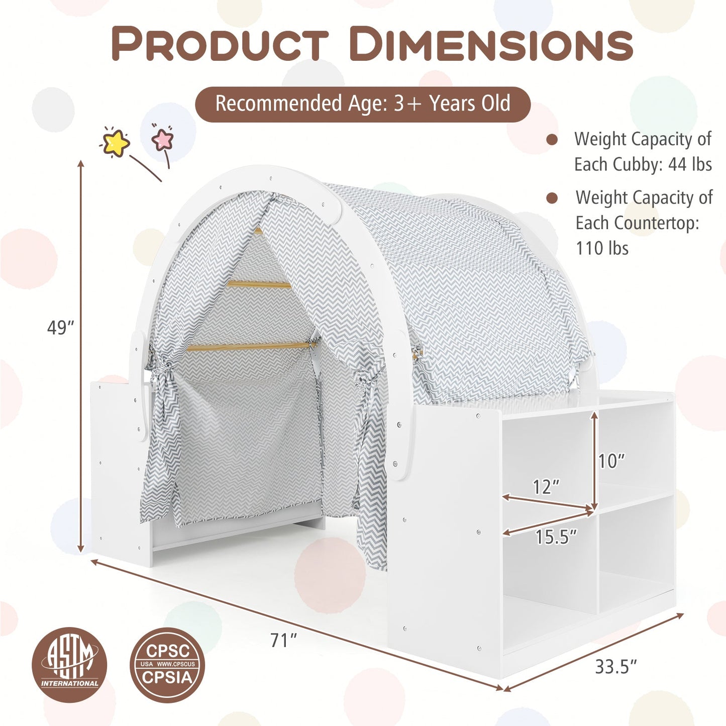 GemGear wooden kids play tent with curtain shades and 8 cubbies white on Tampa Home & Garden Store