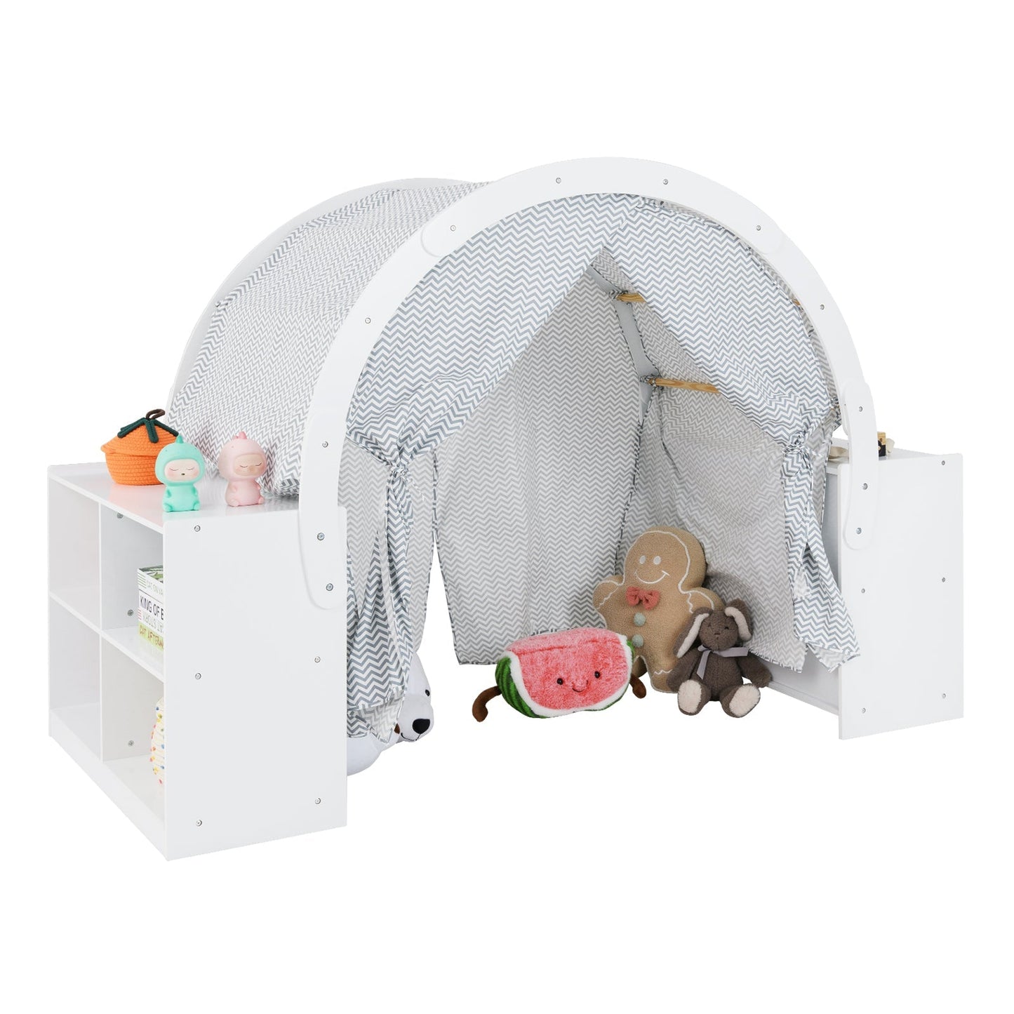 GemGear white wooden kids play tent with grey chevron canopy and 8 cubbies, with plush toys on Tampa Home & Garden Store
