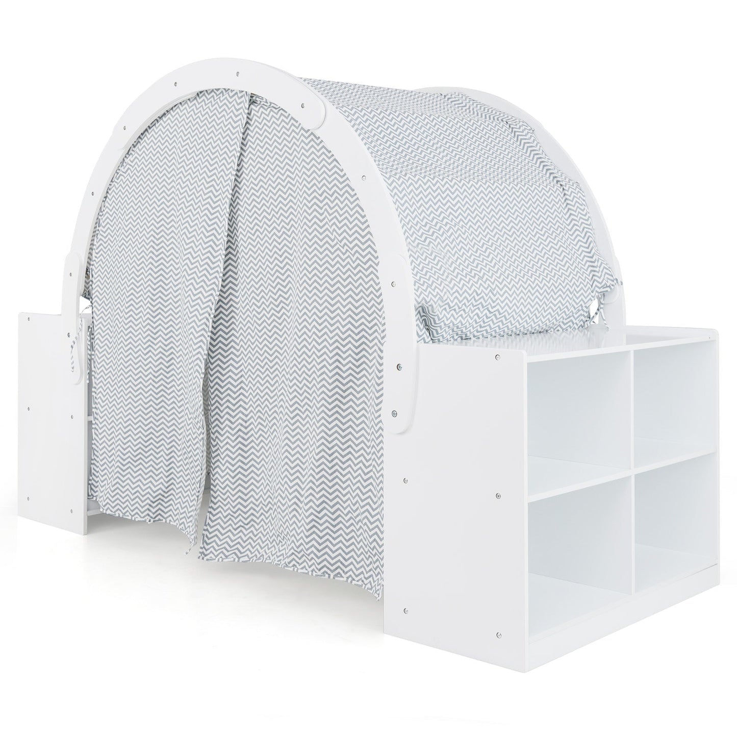 Wooden kids play tent with white frame, gray chevron curtains, built-in 8 cubbies on Tampa Home & Garden Store