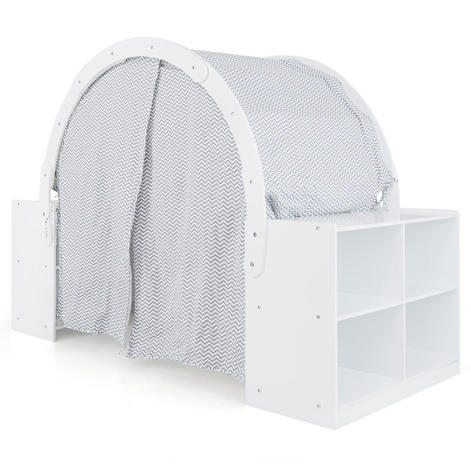 Wooden kids play tent with white frame, gray chevron curtains, built-in 8 cubbies on Tampa Home & Garden Store