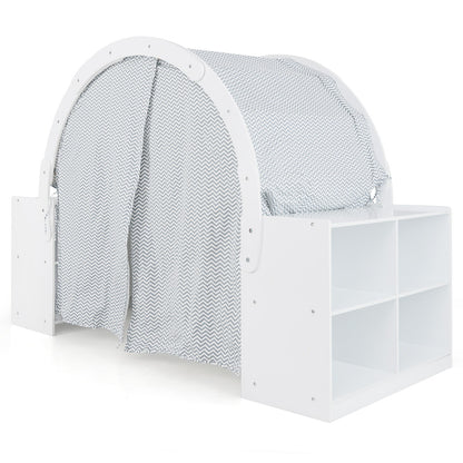 Wooden kids play tent with white frame, gray chevron curtains, built-in 8 cubbies on Tampa Home & Garden Store