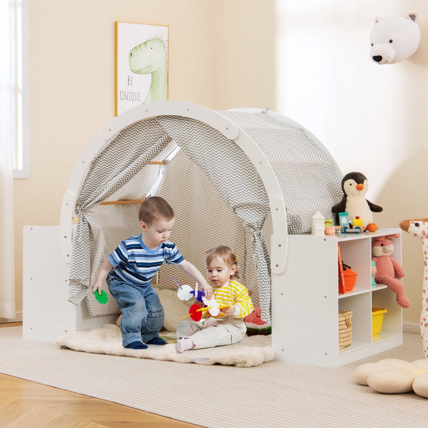 GemGear wooden kids play tent with curtain shades in white chevron fabric and 8 cubbies on Tampa Home & Garden Store