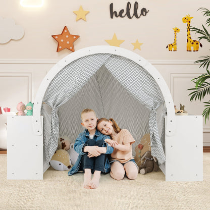 GemGear wooden kids play tent with white arch and gray chevron curtain shades, 8 cubbies on Tampa Home & Garden Store