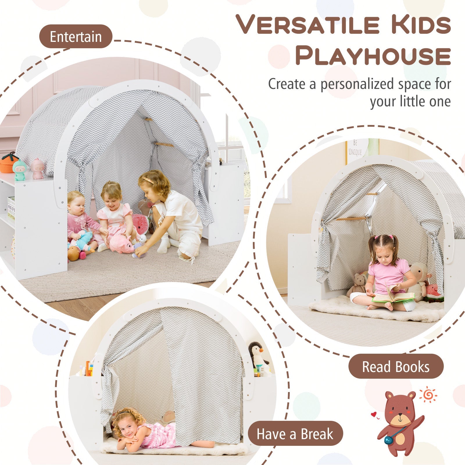 GemGear wooden kids play tent with curtain shades and 8 cubbies, white frame and chevron fabric on Tampa Home & Garden Store