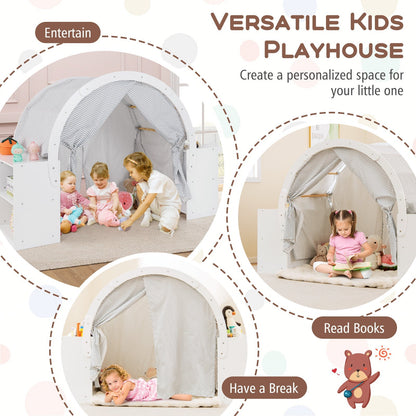 GemGear wooden kids play tent with curtain shades and 8 cubbies, white frame and chevron fabric on Tampa Home & Garden Store
