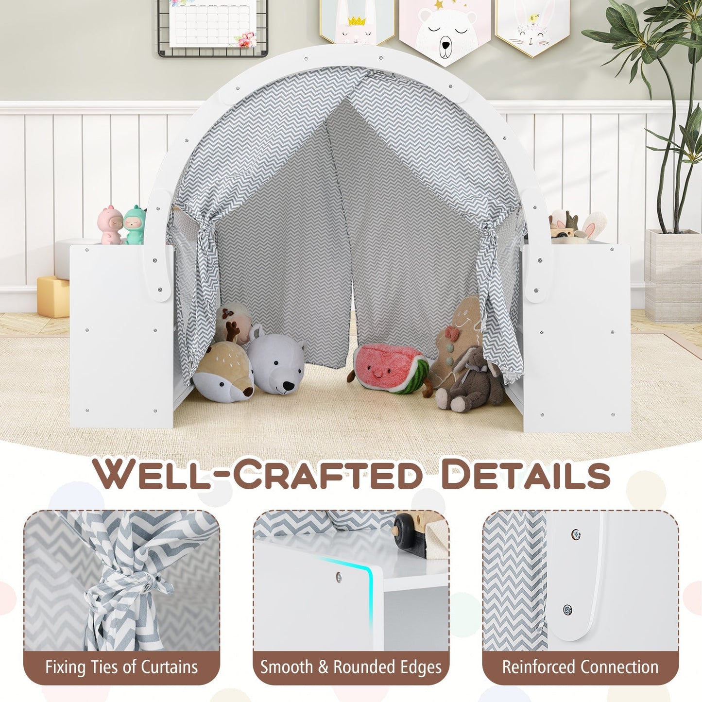 Wooden Kids Play Tent by GemGear in white with chevron gray curtains and 8 cubbies on Tampa Home & Garden Store