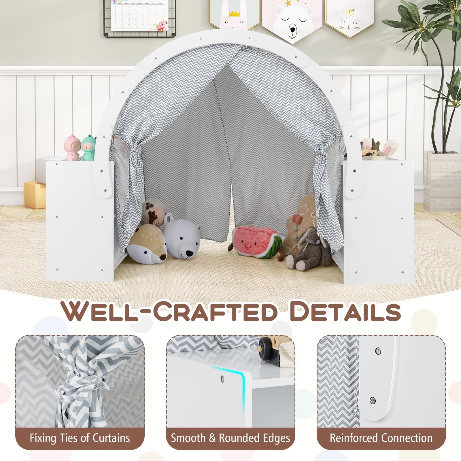 Wooden Kids Play Tent by GemGear in white with chevron gray curtains and 8 cubbies on Tampa Home & Garden Store