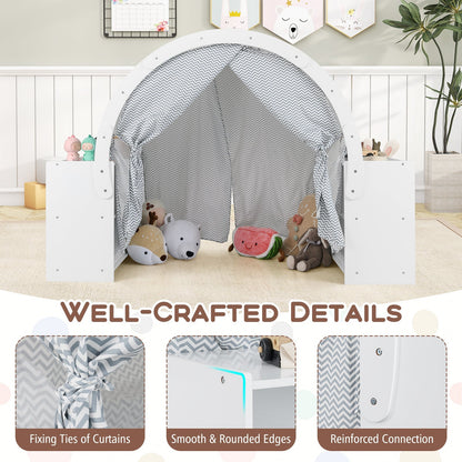 Wooden Kids Play Tent by GemGear in white with chevron gray curtains and 8 cubbies on Tampa Home & Garden Store