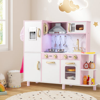 Wooden Kitchen Playset with Ice Maker and Sounds for Ages 3+-Pink