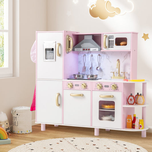 Wooden Kitchen Playset with Ice Maker and Sounds for Ages 3+-Pink - Tampa Home & Garden Store