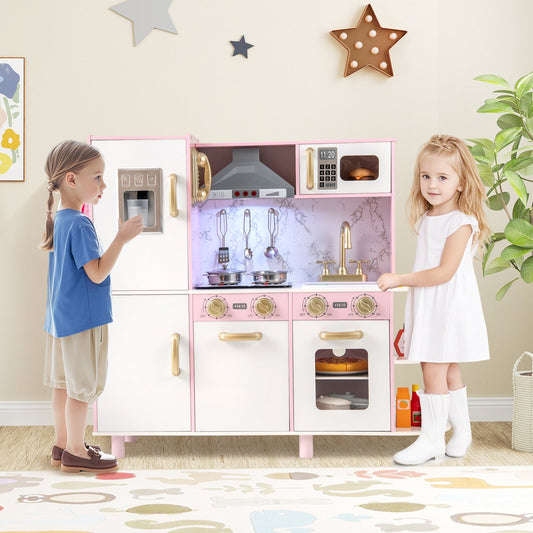 Wooden Kitchen Playset with Ice Maker and Sounds for Ages 3+-Pink - Tampa Home & Garden Store