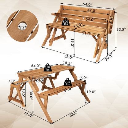 2-in-1 Transforming Interchangeable Wooden Picnic Table Bench with Umbrella Hole-Dark Brown