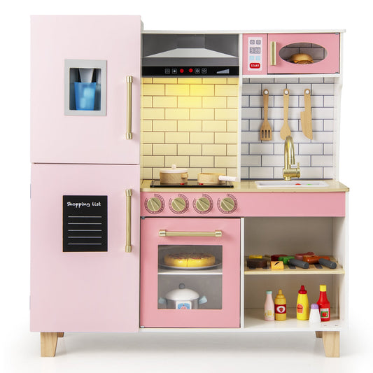 Wooden Pretend Play Kitchen with Ice Maker Range Hood and Blackboard-Pink - Tampa Home & Garden Store