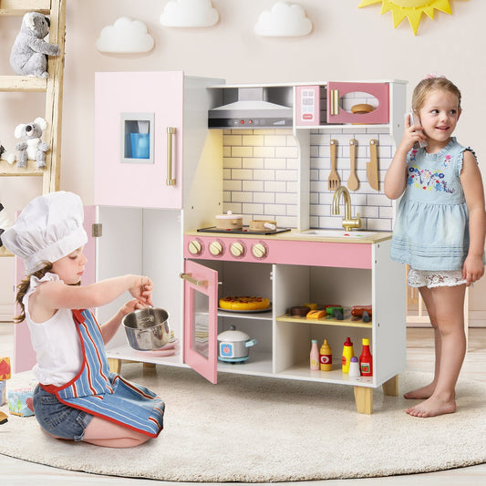 Wooden Pretend Play Kitchen with Ice Maker Range Hood and Blackboard-Pink - Tampa Home & Garden Store