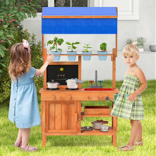 Wooden Pretend Play Kitchen with Height Adjustable Canopy for Kids-Natural - Tampa Home & Garden Store