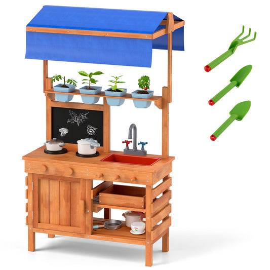Wooden Pretend Play Kitchen with Height Adjustable Canopy for Kids-Natural - Tampa Home & Garden Store