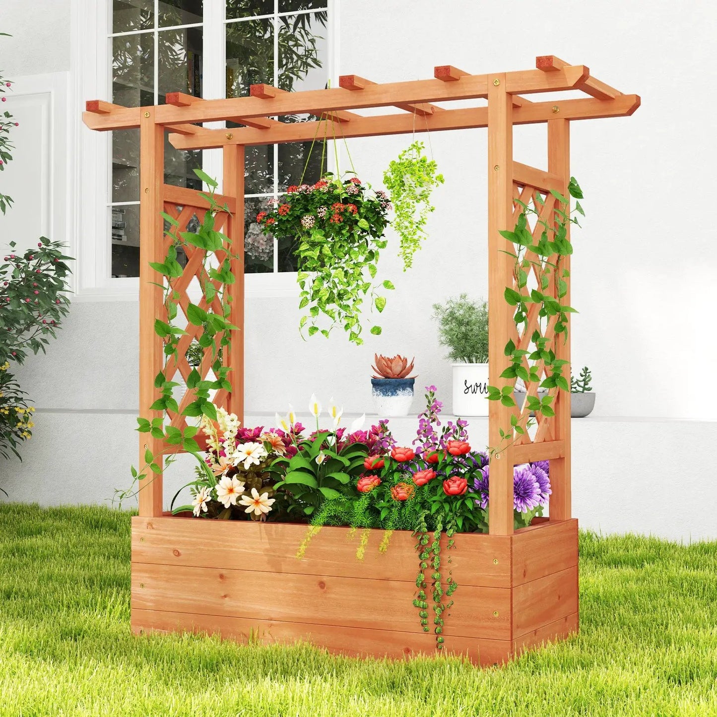 Wooden Raised Garden Bed Planter Box with Trellis