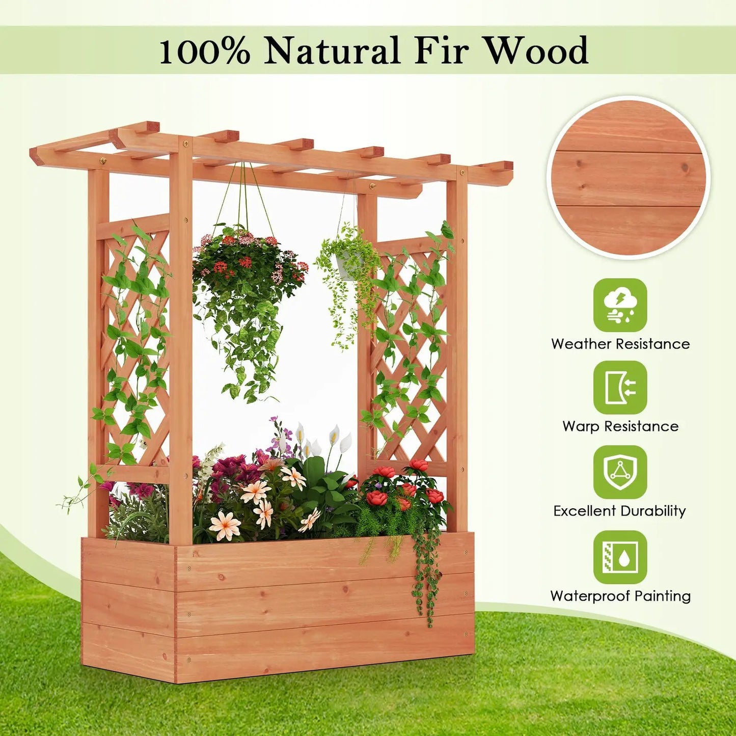 Wooden Raised Garden Bed Planter Box with Trellis