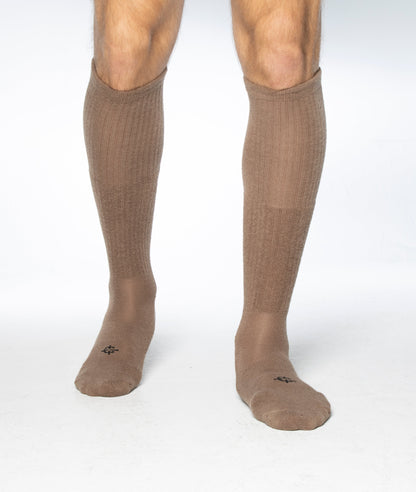 Wool BEAST OTC over-the-calf knee sock pair in brown, Covert Threads tactical brand on Tampa Home & Garden Store