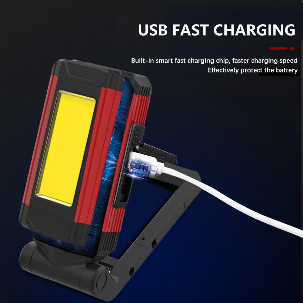 Stevvex USB rechargeable work light with red-black housing, LED panel, hook and magnetic base on Tampa Home & Garden Store