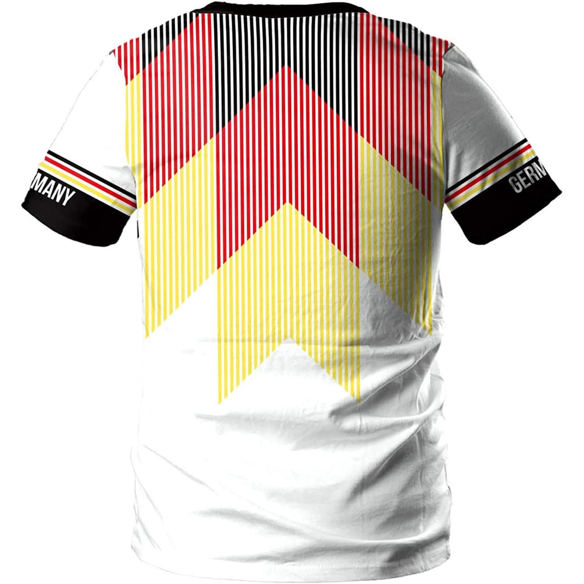 World Cup 2022 soccer jersey men's top with red, black, yellow chevron stripes and Germany cuff on Tampa Home & Garden Store
