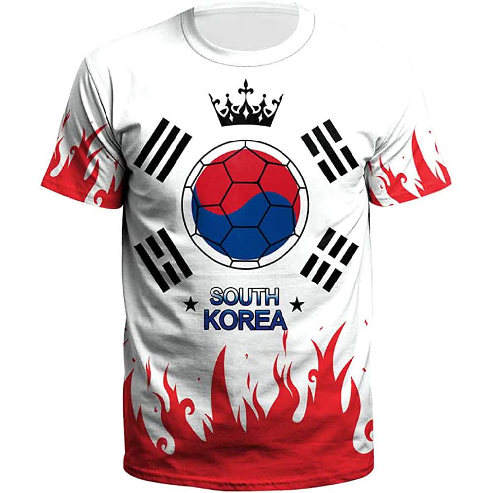 Men's World Cup 2022 soccer jersey tshirt white with red flames and blue Korea ball DailySale on Tampa Home & Garden Store