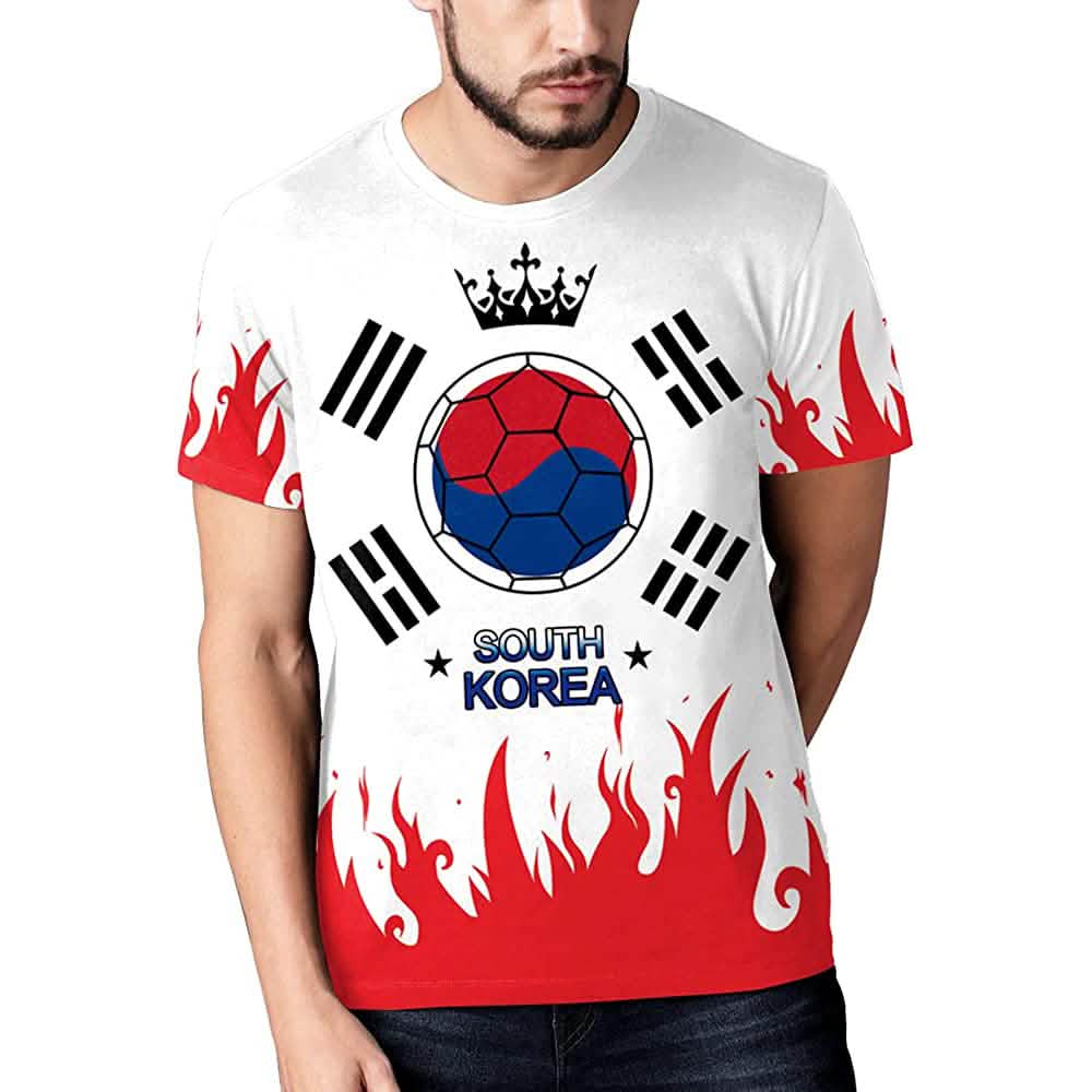 World Cup 2022 Jersey men's white top with Korea flag ball design and red flames on sleeves on Tampa Home & Garden Store