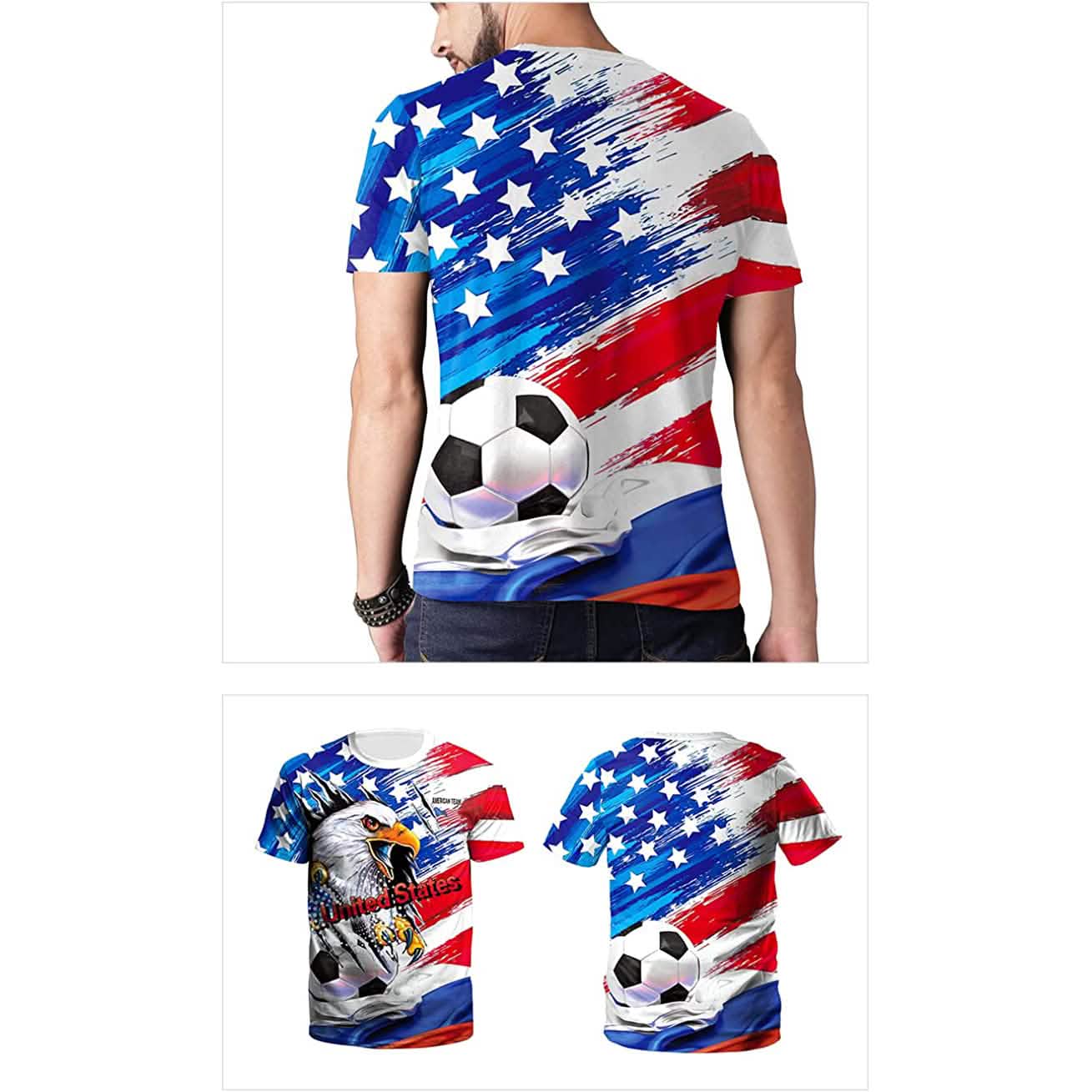 World Cup 2022 soccer jersey, men's top with blue flag brush print, white stars and soccer ball graphic on Tampa Home & Garden Store