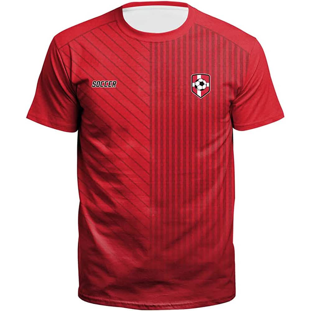 World Cup 2022 soccer jersey red with diagonal stripes crest badge DailySale men's top on Tampa Home & Garden Store